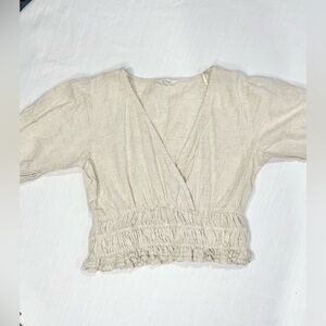 Sim Sam Cropped Cotton And Linen Blouse Large Puff Sleeve, Boho/Babydoll Vibes